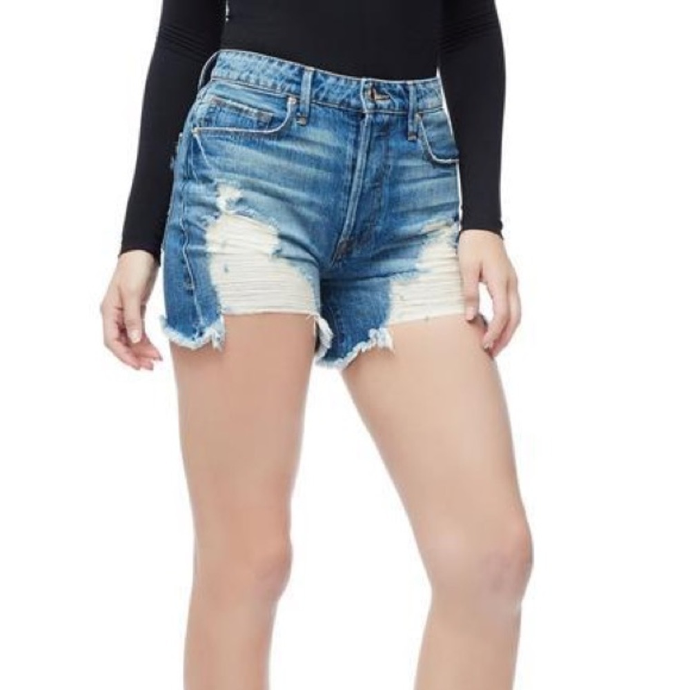 Good American Size 0/25 Bombshell Denim Jean Shorts Blue Distressed High Waisted - Picture 3 of 12